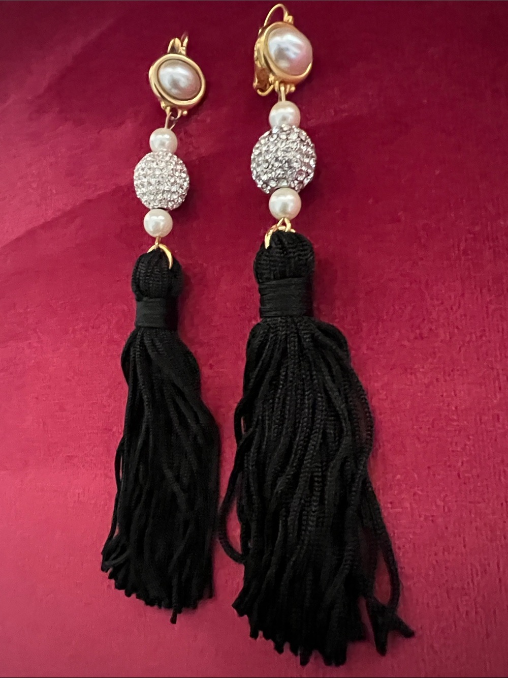 Kenneth Lane - Black tassel faux glass pearls crystal rhinestone earrings
